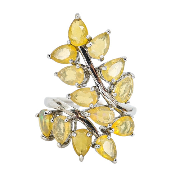 Sterling Silver Ethiopian Yellow Opal Leaf Ring Size 8 Pear-Cut Stones - Picture 1 of 10
